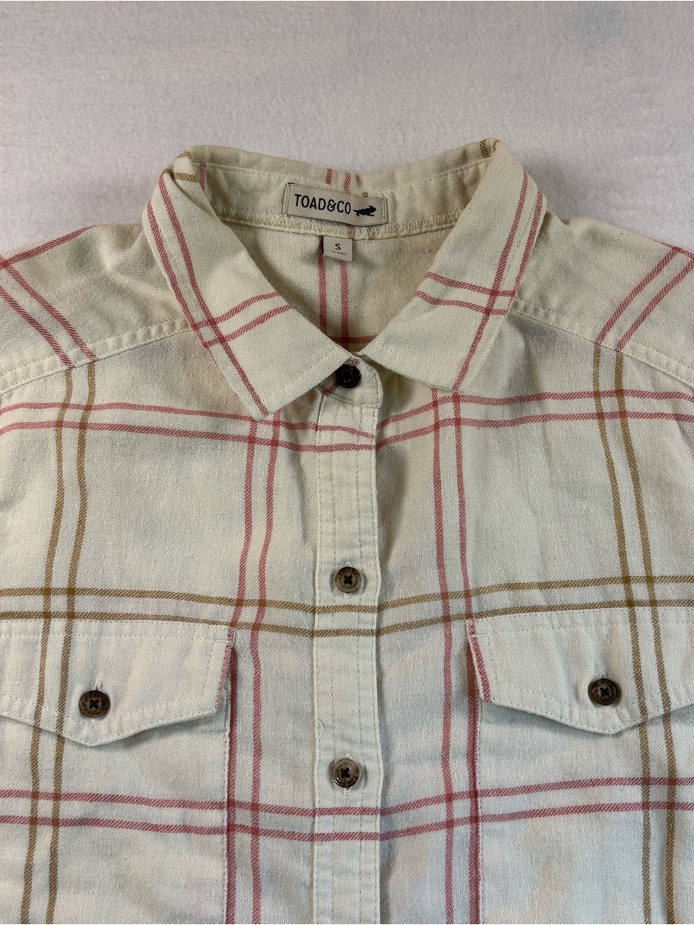 Toad&Co Cream Plaid Button-Down Shirt with Red and Tan Lines - Picture 2 of 6